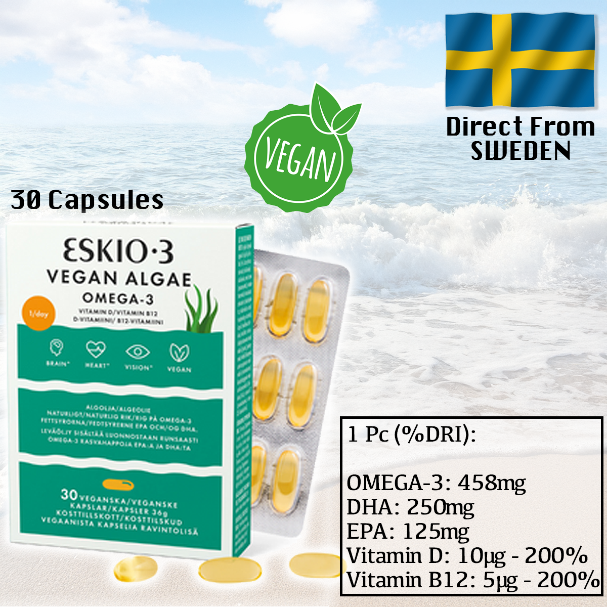 Eskio-3 Algae Omega-3 & Vitamin D 30's Capsules (VEGAN)
