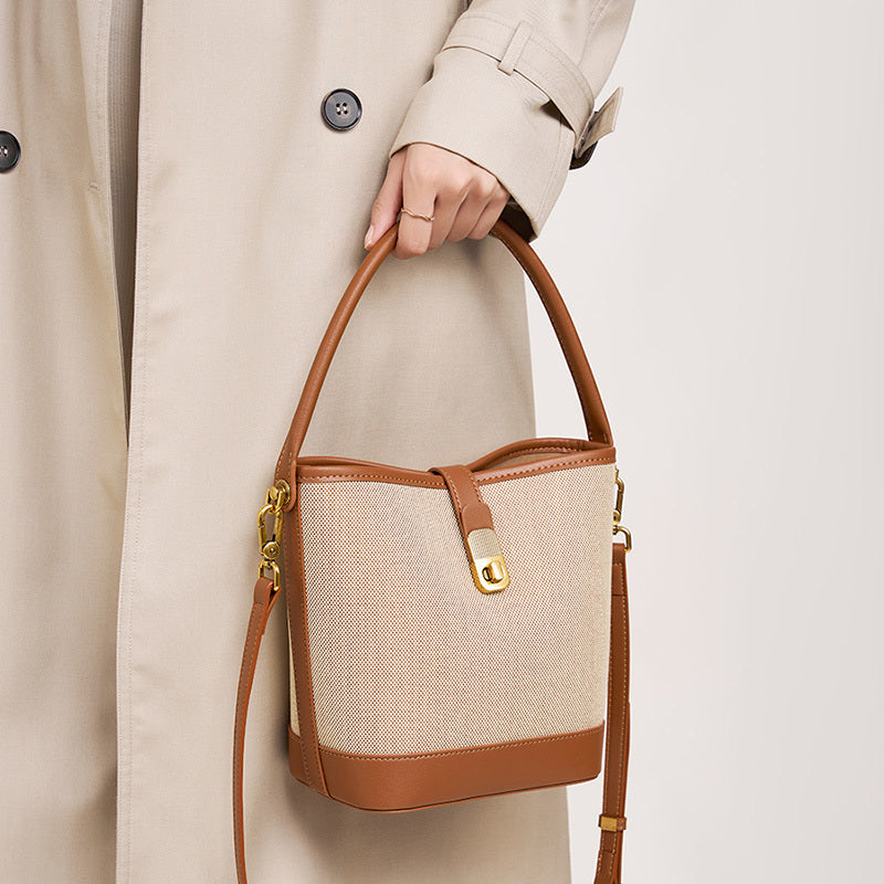 2501 Woven Bucket Bag – Fabric & Leather Combo